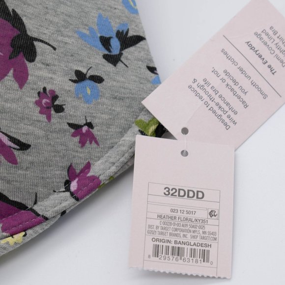 Auden Floral Print Gray Everyday Cotton Demi Lightly Lined T-Shirt Bra - Picture 3 of 10